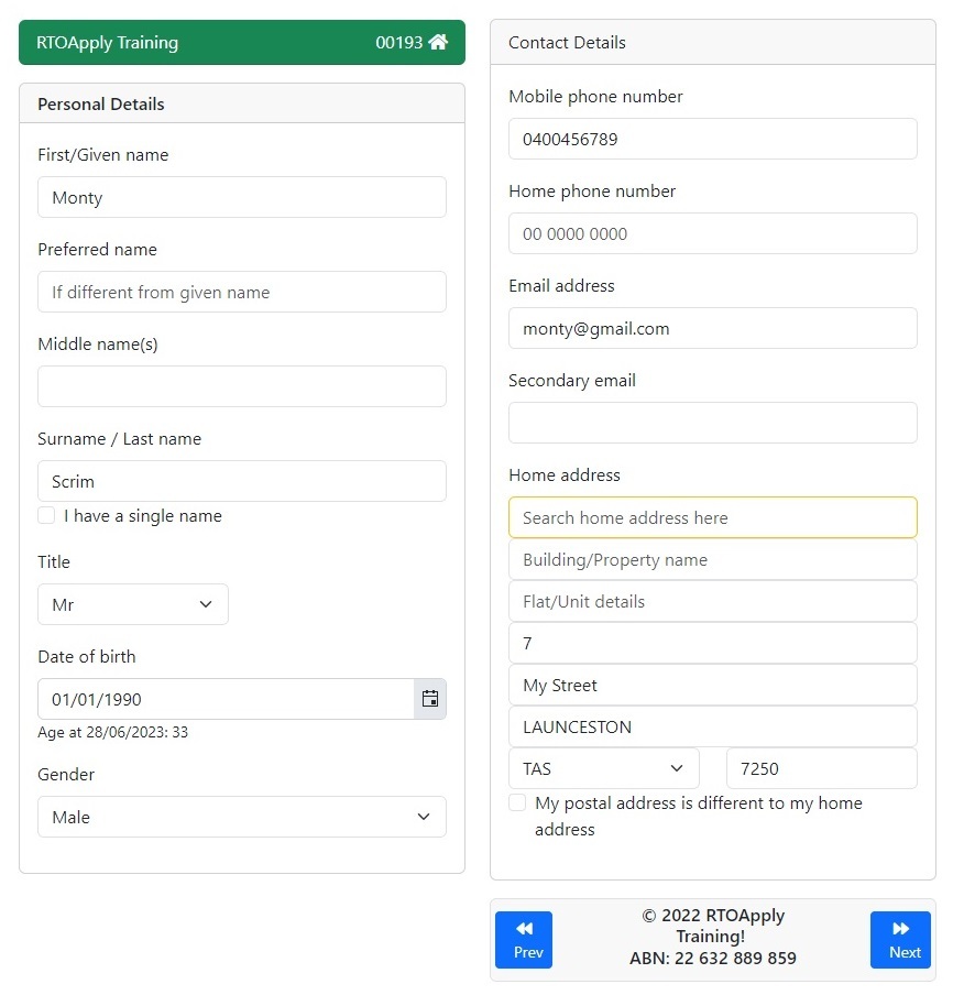 RTOApply student application form on mobile